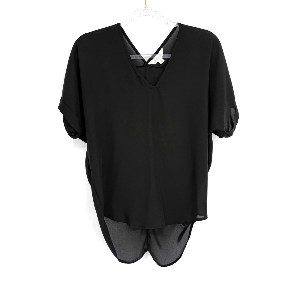 Decree Womens Black V-Neck Dolman Sleeve Tulip Draped Back Chiffon Blouse Sz XS